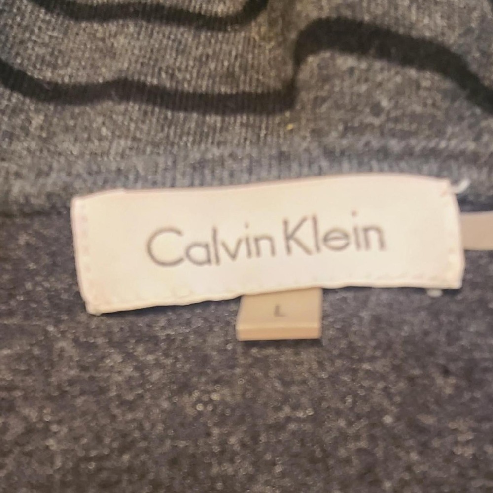 Calvin Klein Womens Large Grey Black Striped Layered‎ Hem Crew Neck Sweater s27 - Picture 3 of 3